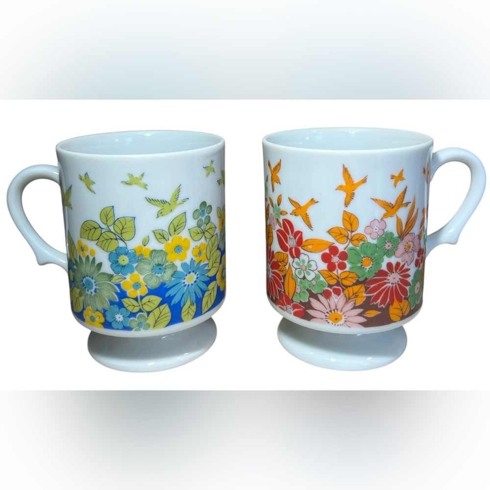 VTG 1960s Boho Coffee Cups Made in Japan -Floral and Bird pattern - set of 2